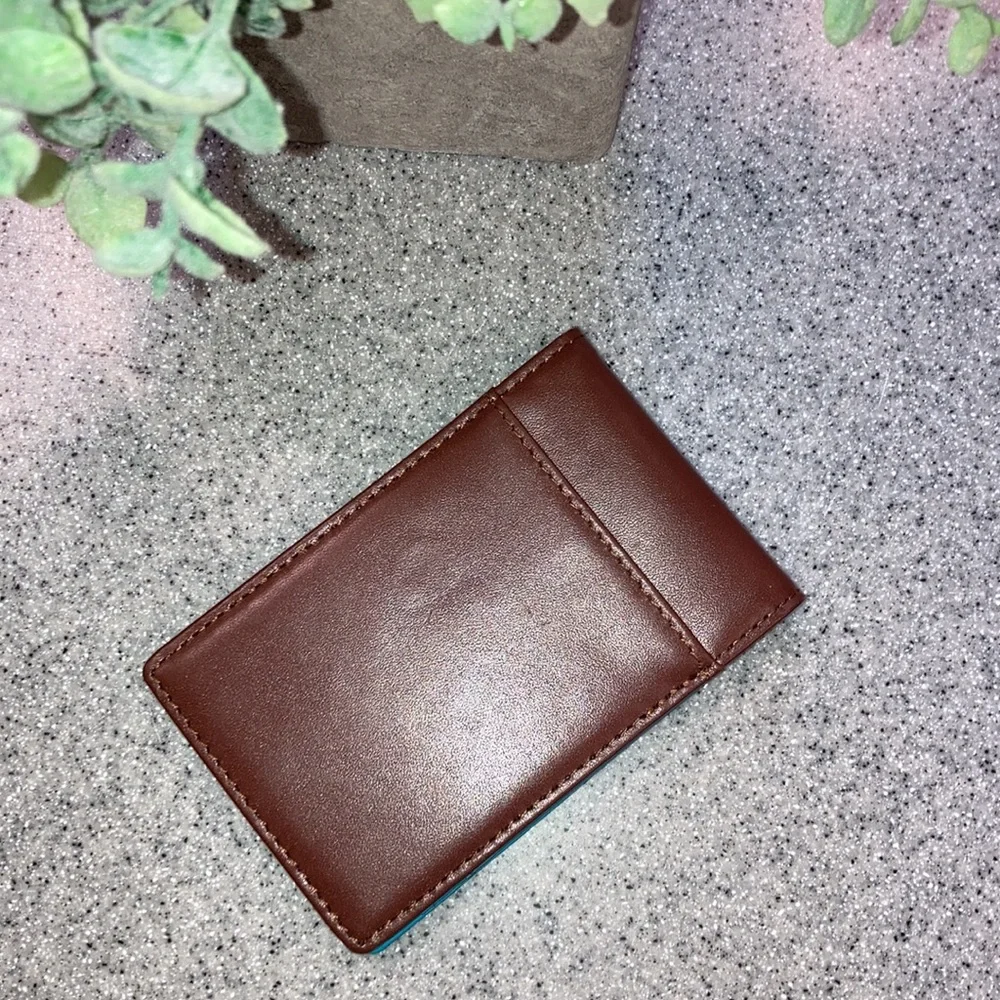 FORREST & HAROLD folding card holder leather wallet in brown/aqua No money clip